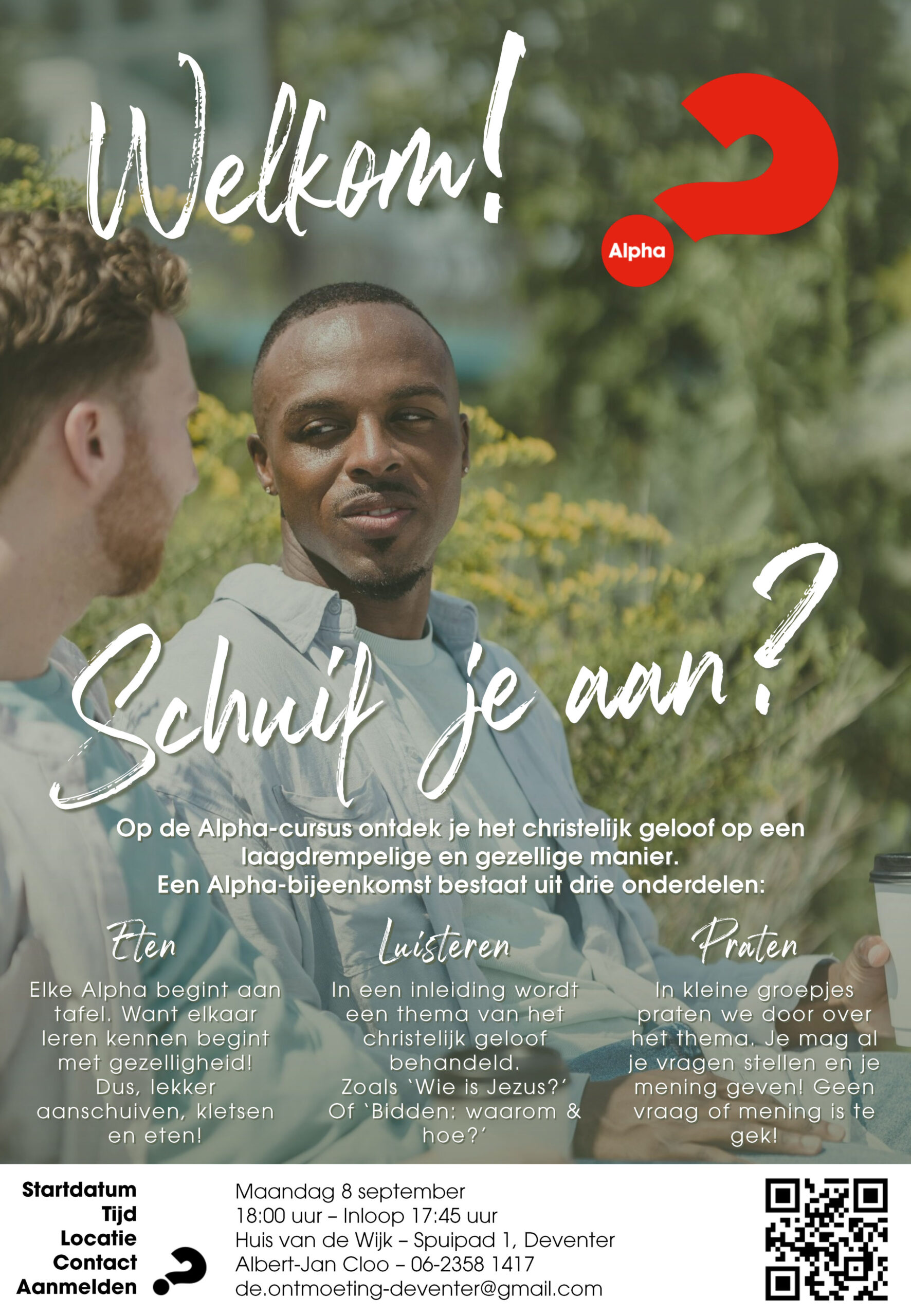 Flyer met informatie over de Alpha Cursus die gehouden wordt in Deventer. De cursus start op 8 september in het huis van de wijk om 18.00 uur.